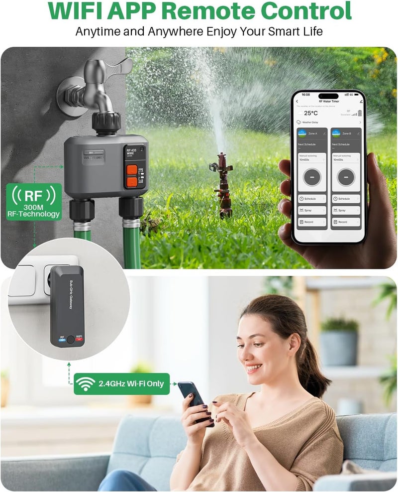 johgee WiFi Sprinkler Timer 2 Zone with 984 Feet RF Gateway, 2 Pack Smart Water Timer for Garden Hose with Rain Delay/Manual/Automatic,WiFi Water Hose Timers for Garden & Lawns - Image 3